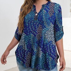LIENRIDY Women's Plus Size Tops 3/4 Roll Sleeves Tunic Blouses V Neck. Size 1X